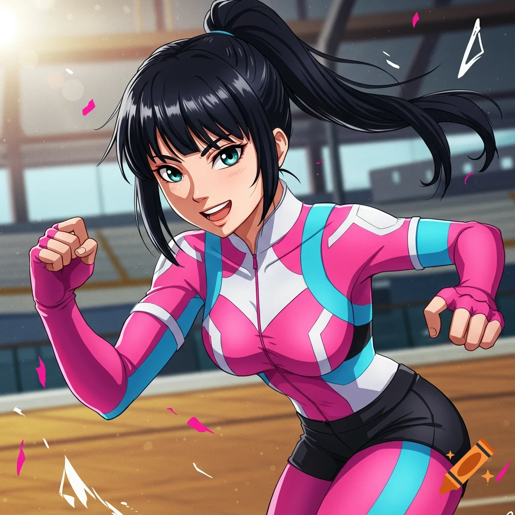 Anime girl athlete running in a gym