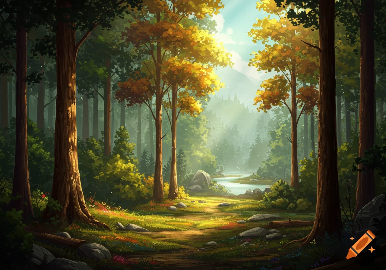 Sunlit forest path leading to a stream.