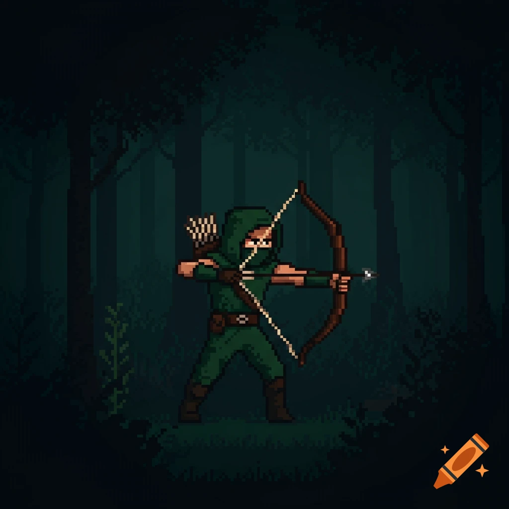 Pixel art of a stealth archer drawing a bow in a dark forest