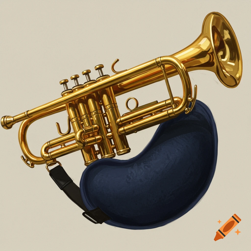 A golden trumpet rests on a dark blue shoulder support.