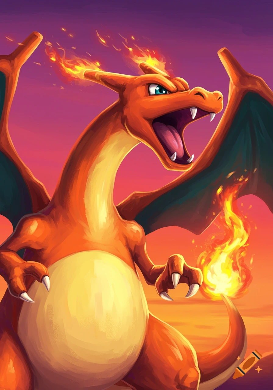 A roaring Charizard with flames against a vibrant orange and purple sunset sky.