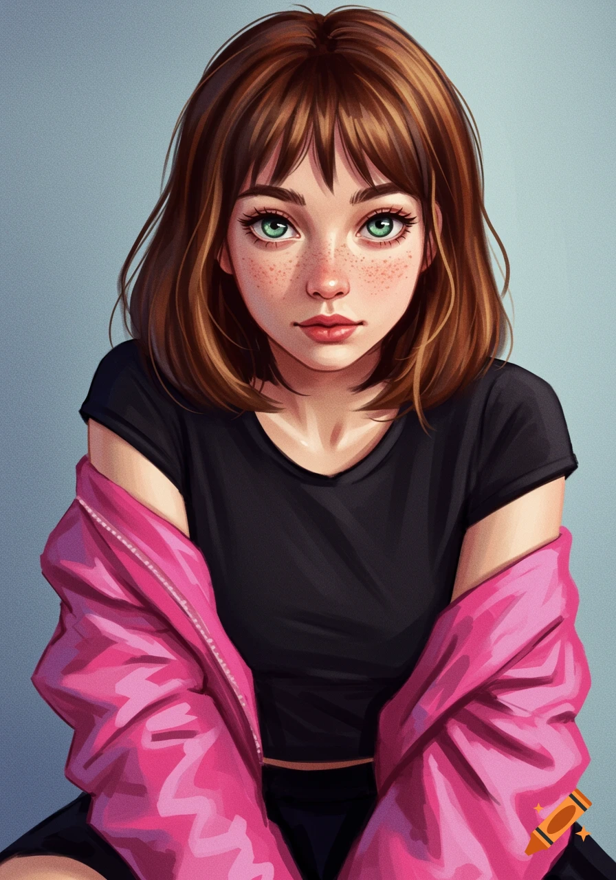 A girl with green eyes and freckles, wearing a black t-shirt and pink jacket.