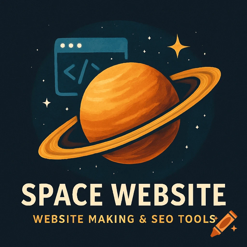 A stylized illustration of Saturn with rings, a coding icon, and stars against a dark background, with text 'SPACE WEBSITE WEBSITE MAKING & SEO TOOLS'.