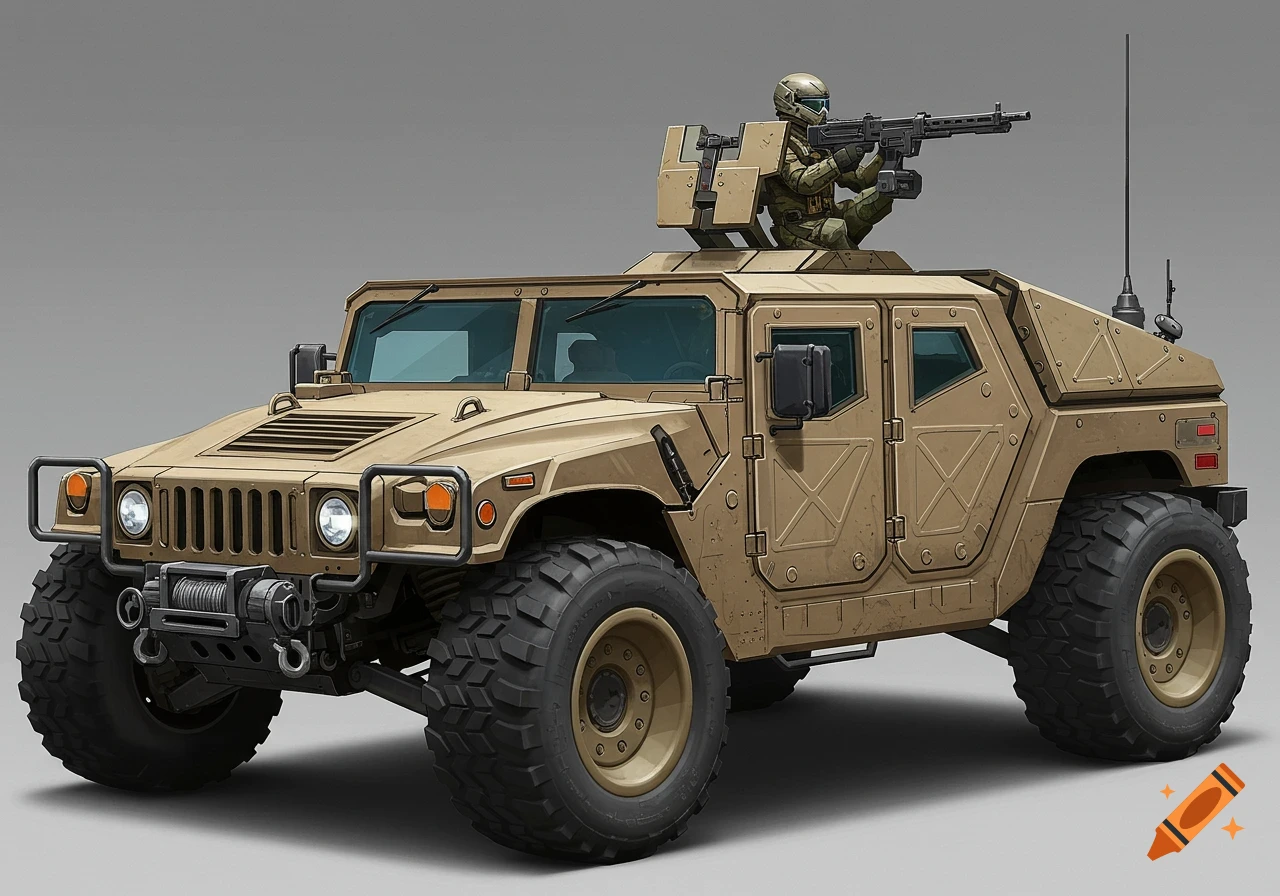 A tactical military vehicle with a soldier operating a rooftop gun.