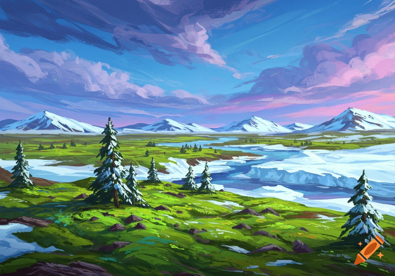 A snowy mountain landscape with green fields, pine trees, a river, and a colorful sky.