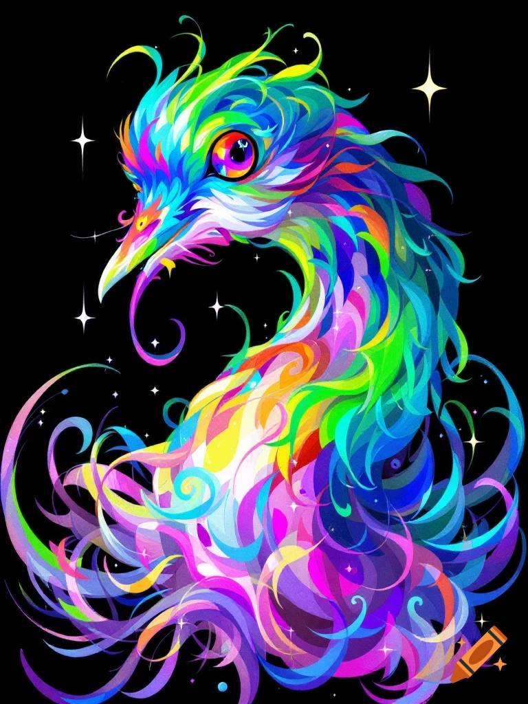 An abstract colorful fantasy creature with flowing feathers on a black starry background, digital art.