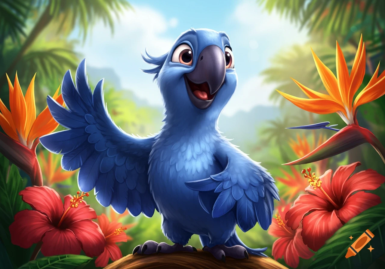 Cartoon blue parrot from Rio movie in a tropical jungle with flowers, waving.