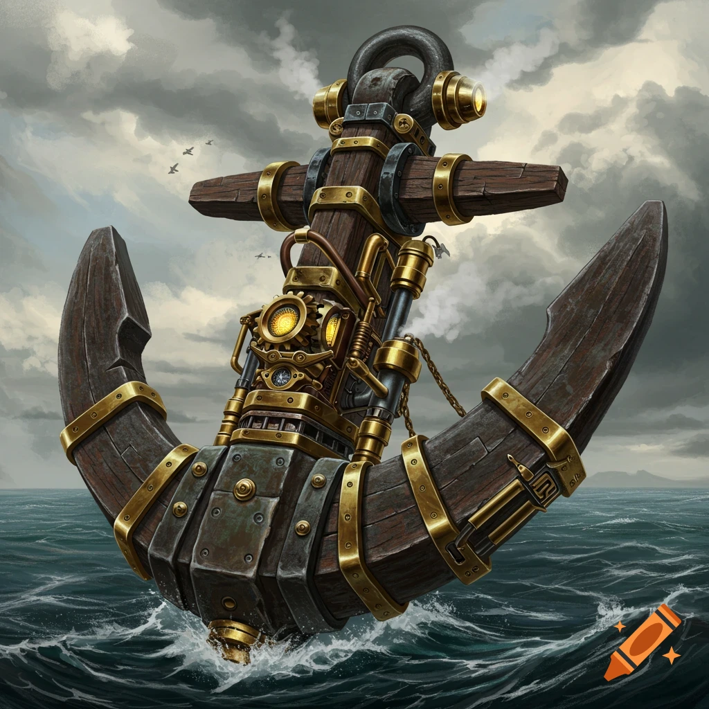 A detailed steampunk anchor made of wood and brass floats in a choppy sea under a dramatic cloudy sky.