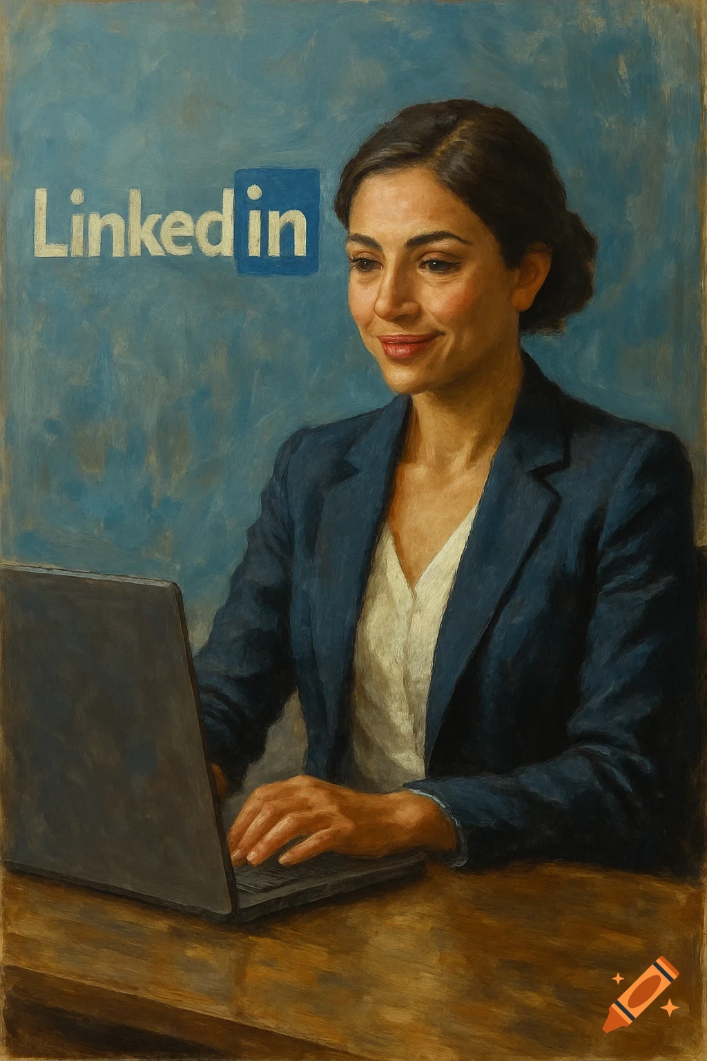 Painting of a woman working on a laptop with the LinkedIn logo in the background.