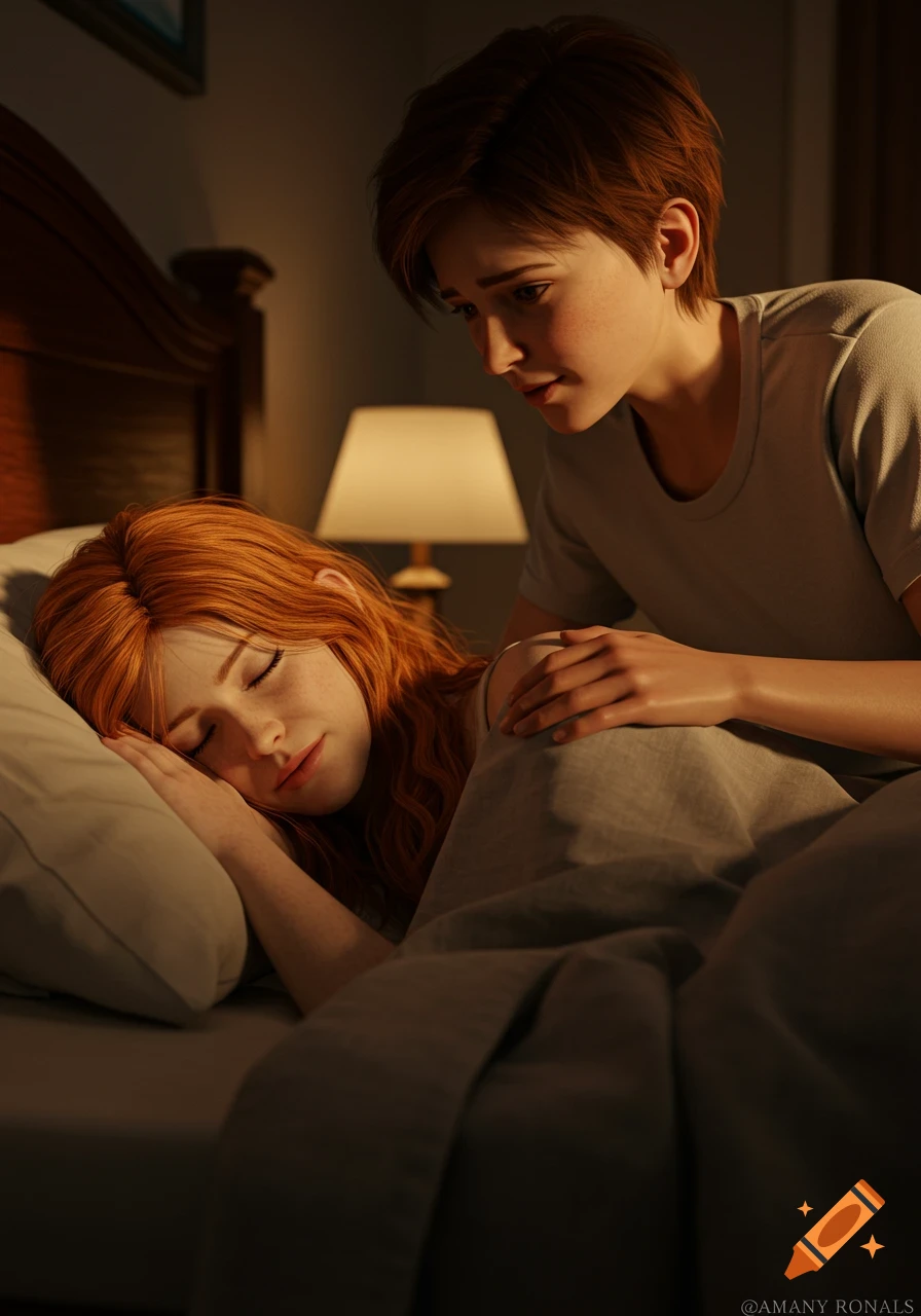 Two characters in a dimly lit bedroom, one sleeping in bed, the other leaning over them. Realistic animation style.