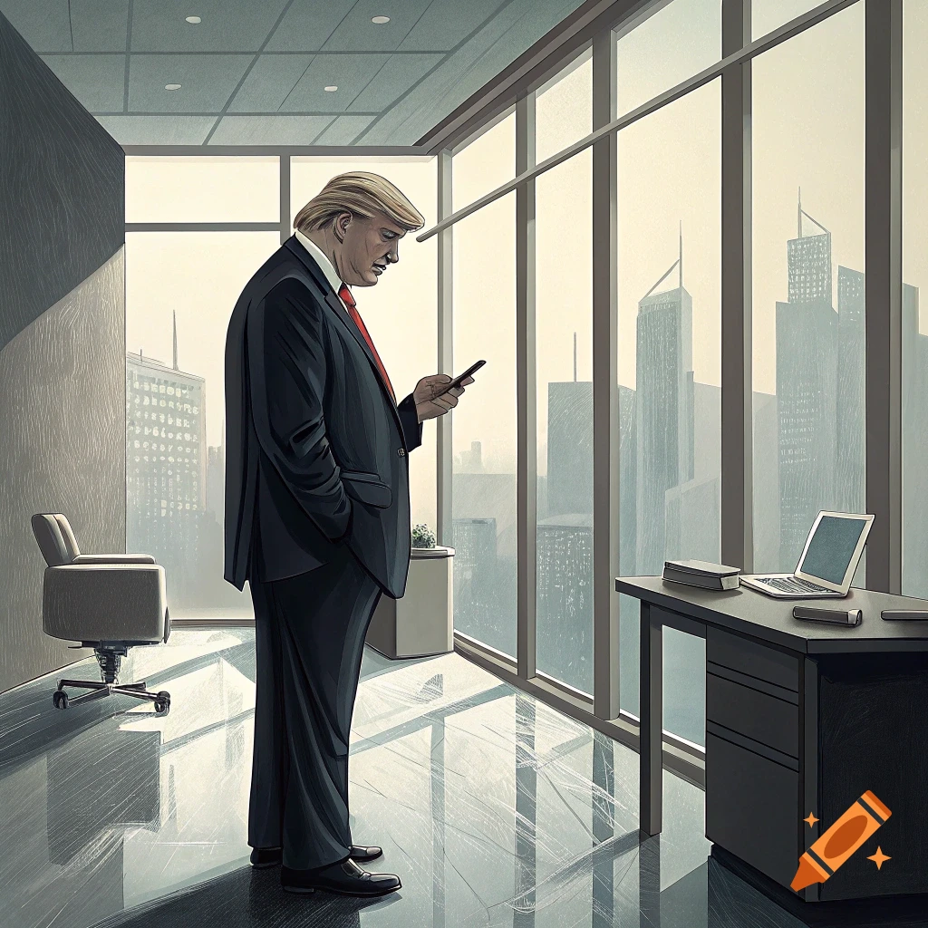 Stylized illustration of a man resembling Trump in an office looking at his phone, with a city view outside.
