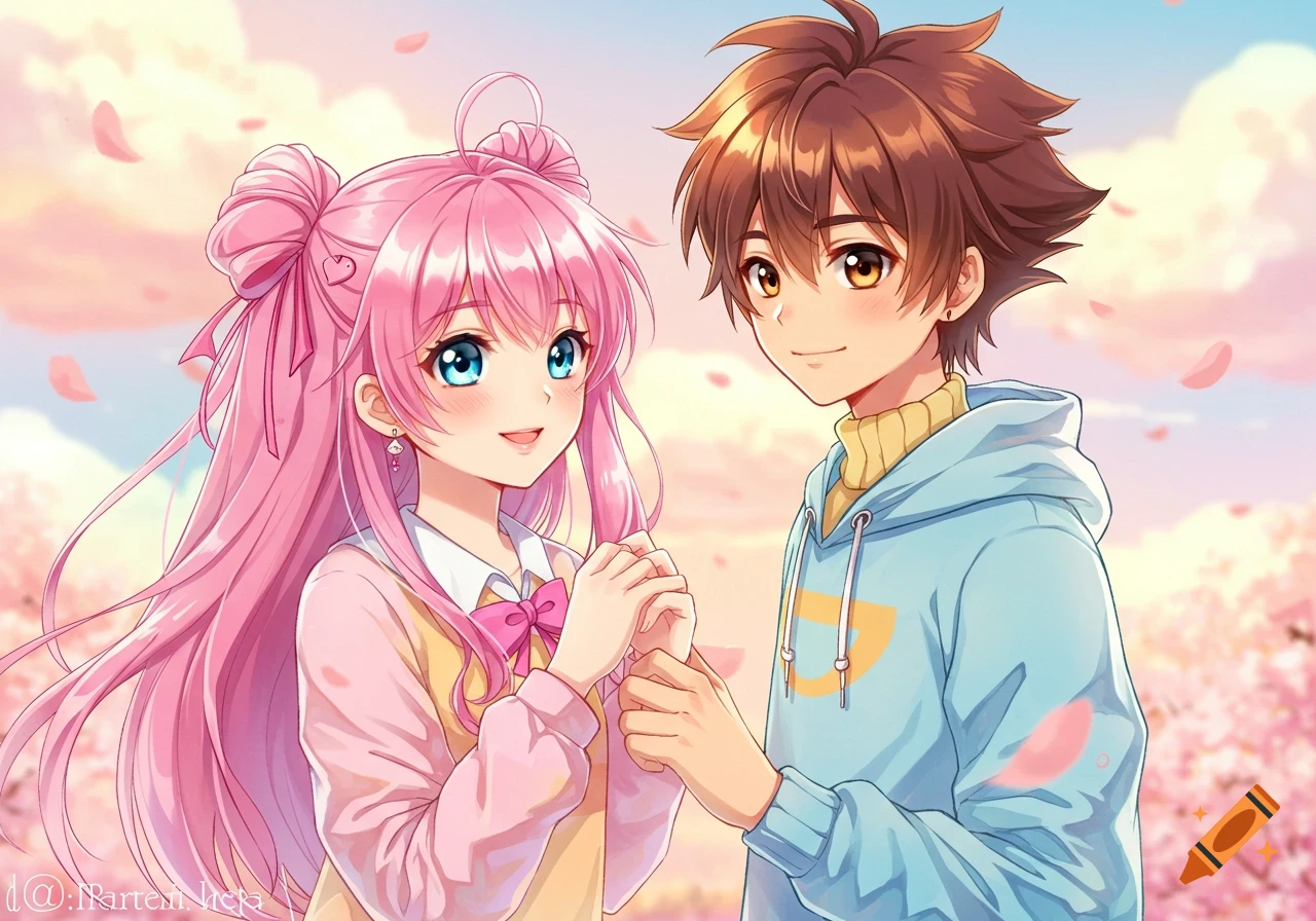 Anime couple holding hands under cherry blossoms