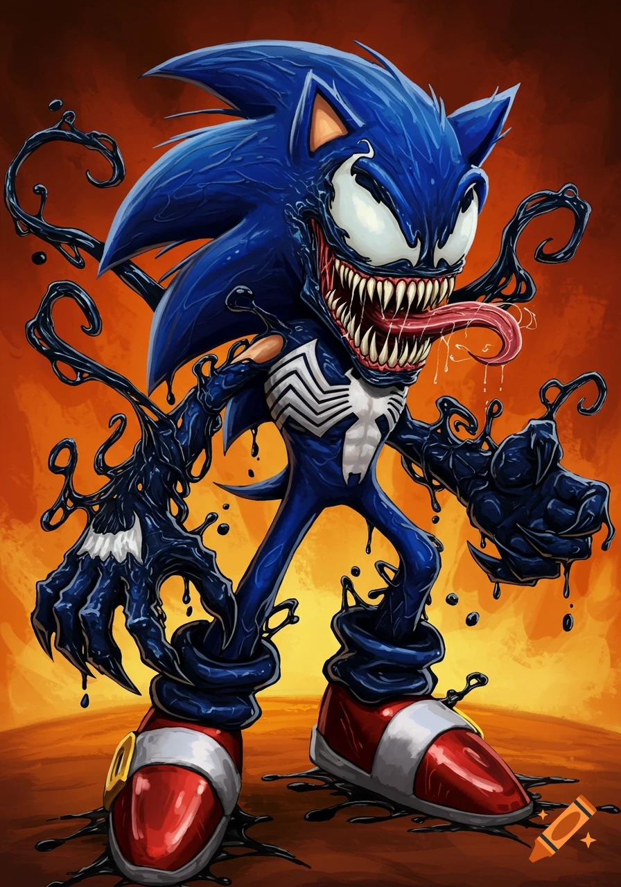Image of Sonic the Hedgehog as Venom, showing sharp teeth, long tongue, and symbiote tendrils.