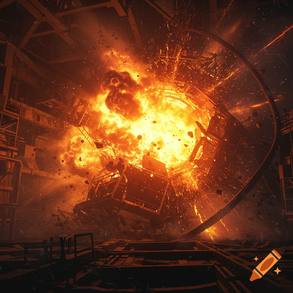 A massive fiery explosion engulfing a structure in a dark, industrial setting, with debris flying.