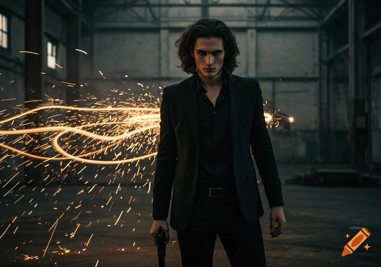 Man in black suit holding a pistol in a warehouse with sparks. Photorealistic.