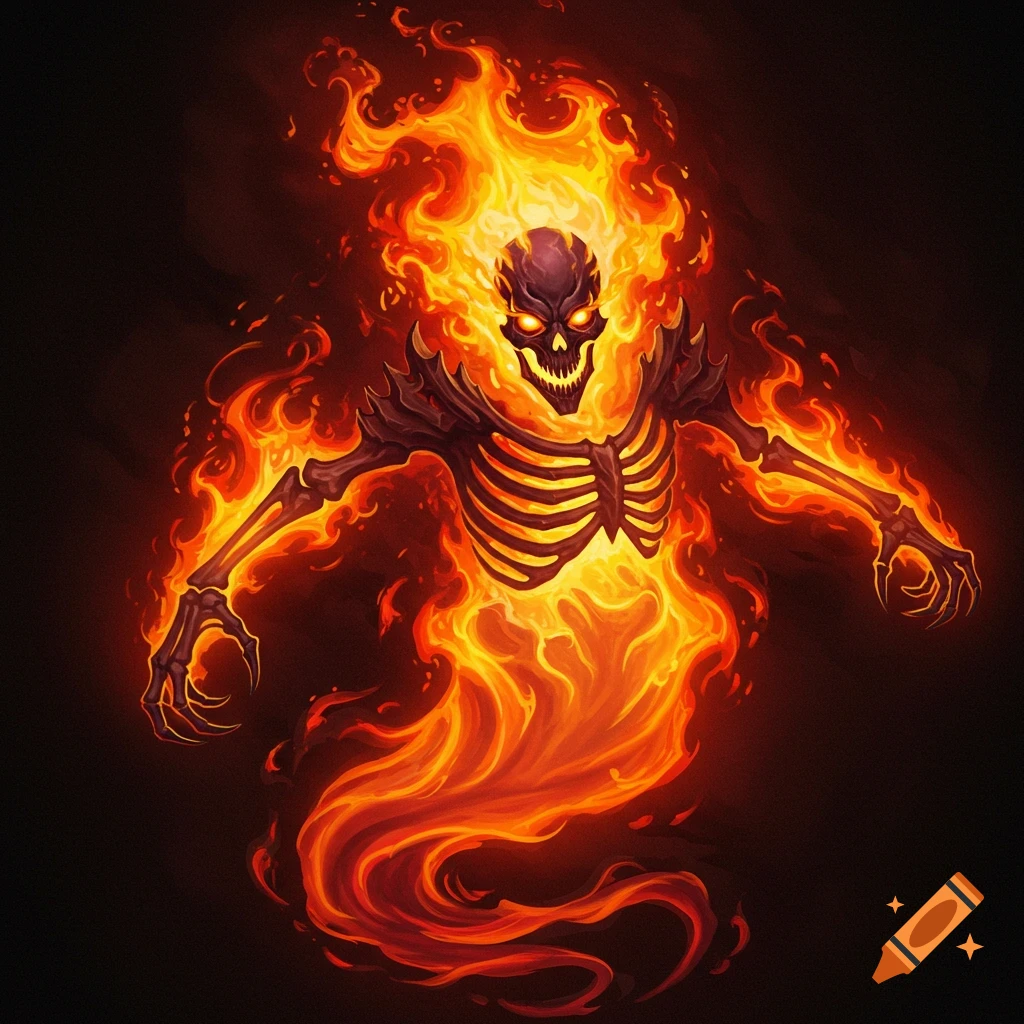 A fiery skeletal spirit against a dark background.