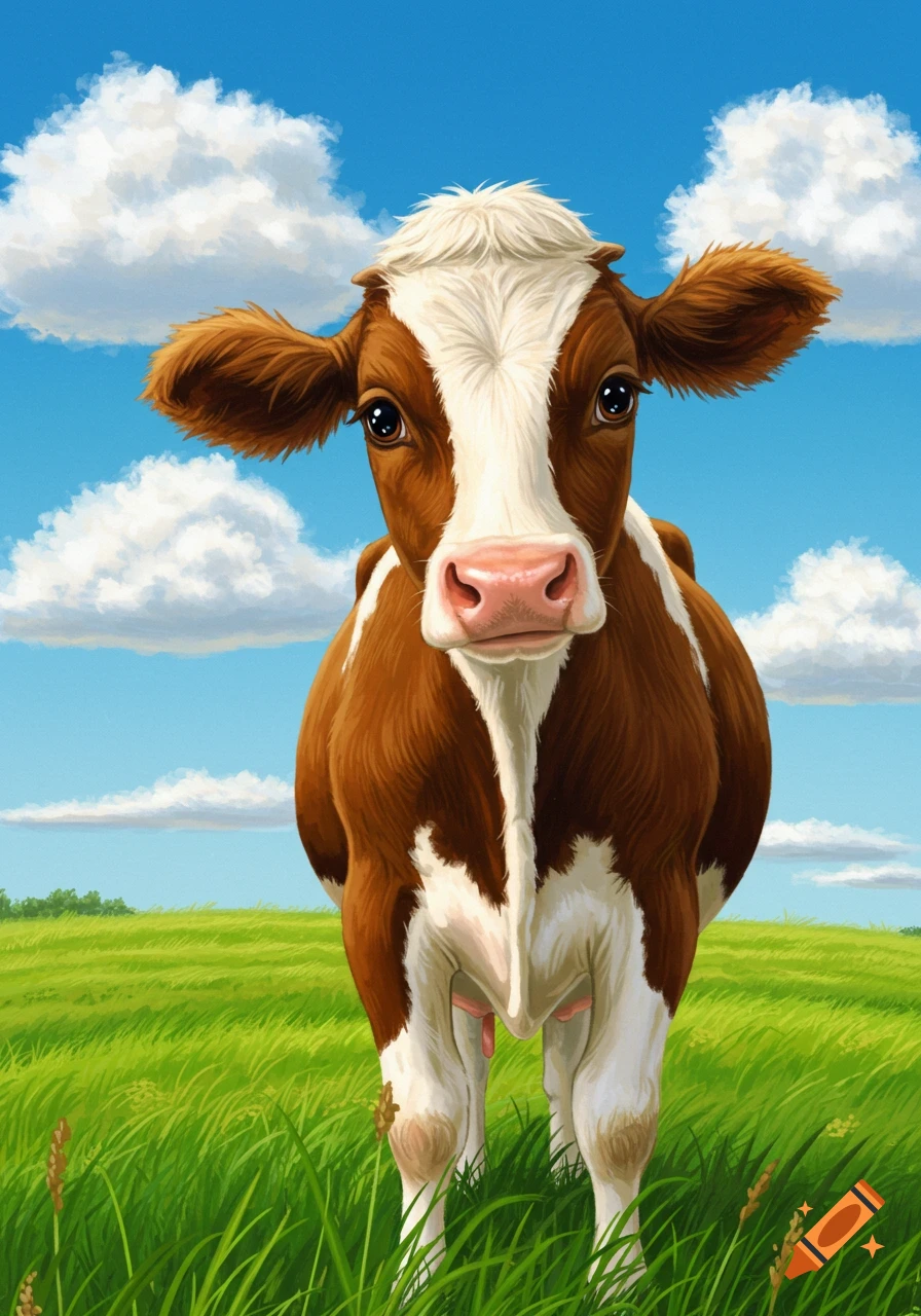 A brown and white cow is standing in a grassy field.