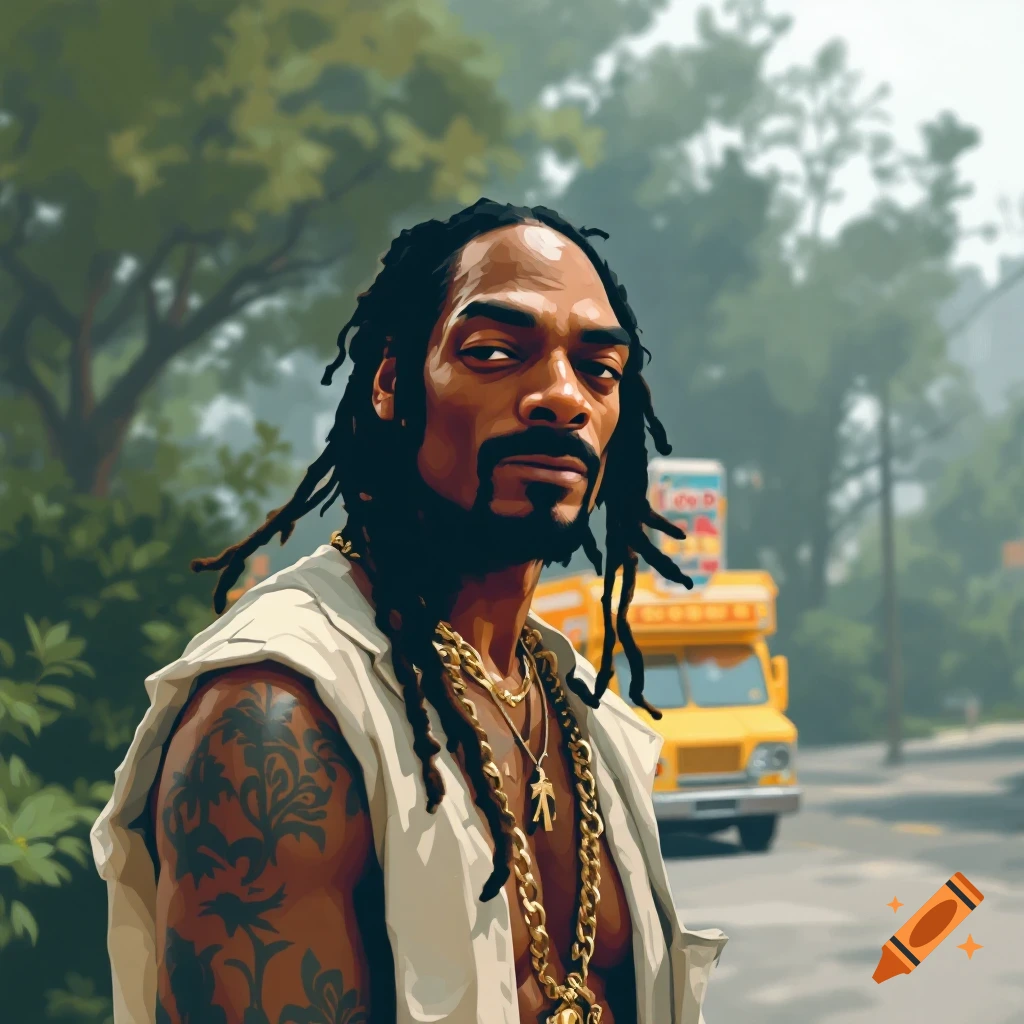 Illustration of Snoop Dogg near a yellow food truck on a street