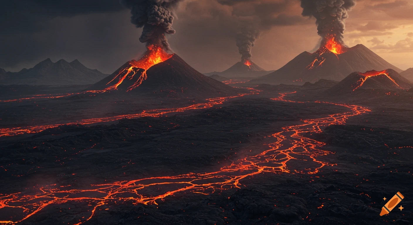 Multiple volcanoes erupting with glowing lava rivers flowing across a dark landscape under a smoky sky.
