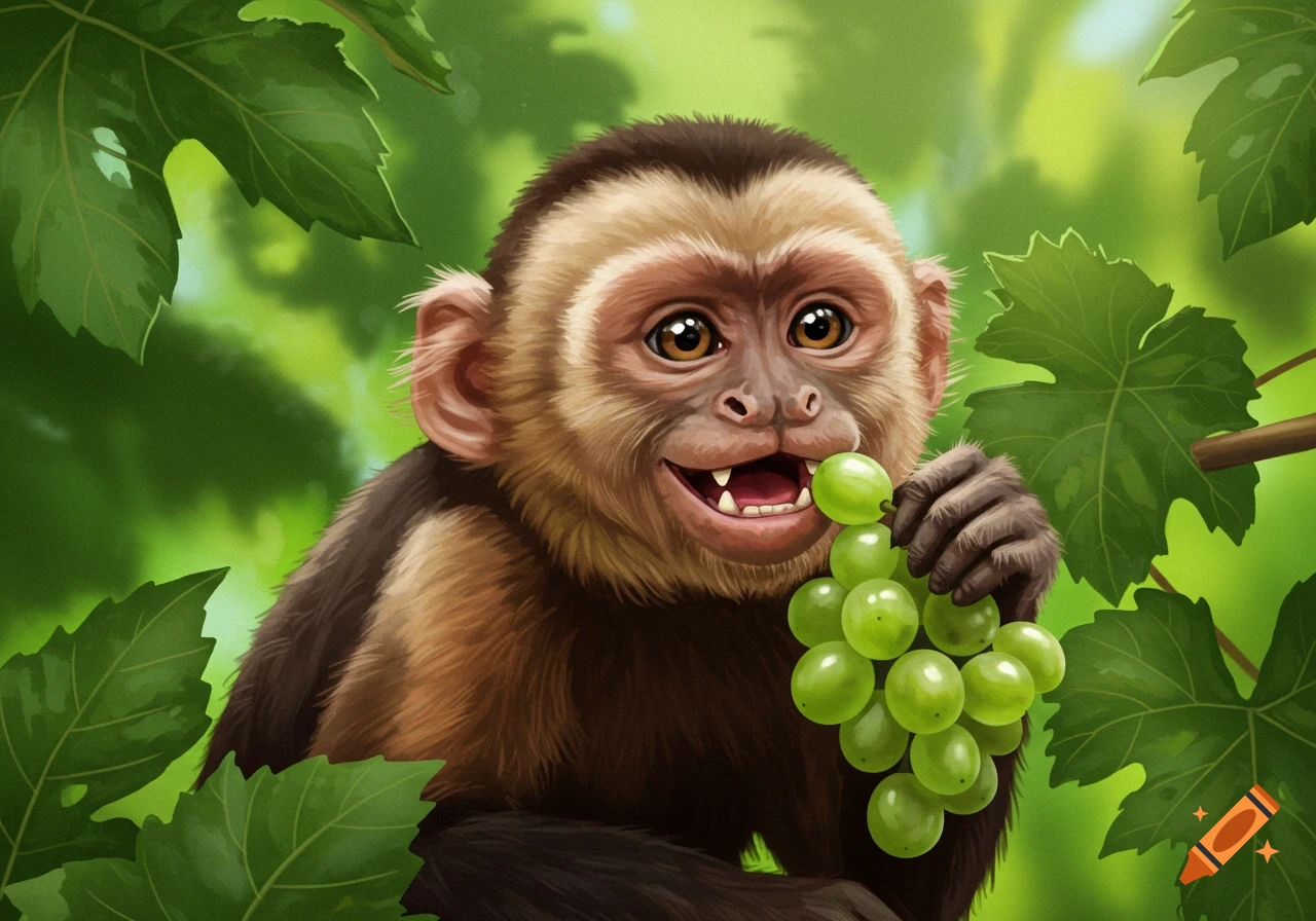 An illustration of a happy monkey eating green grapes while sitting in a tree.