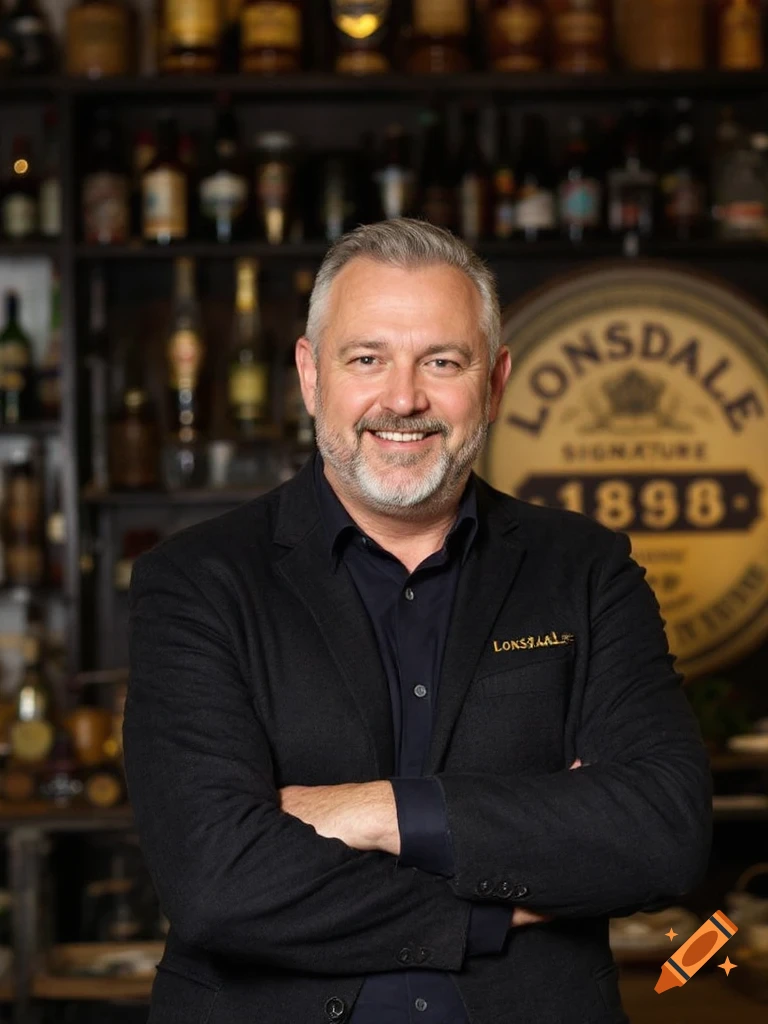 A man in a suit stands with crossed arms in front of a bar and a sign.