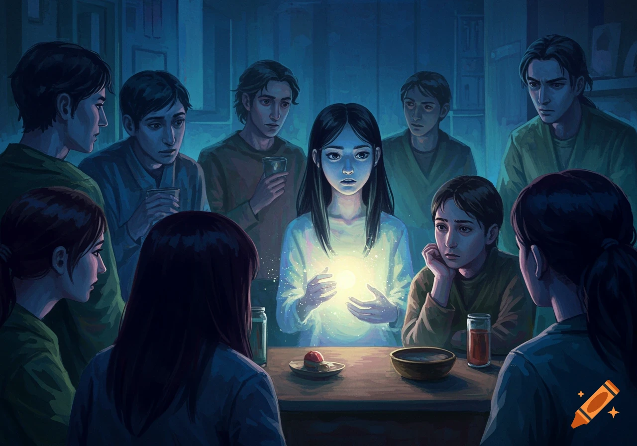 A group of people gathered around a young woman holding a glowing light at a table.