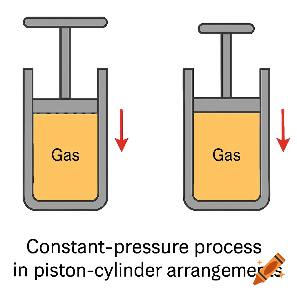 Diagram illustrating a constant-pressure process in two piston-cylinder arrangements with gas.