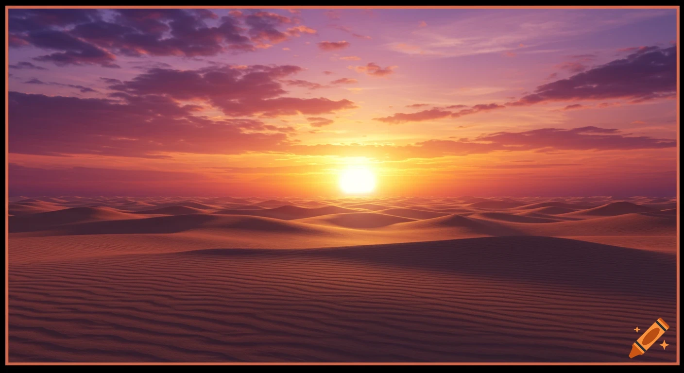 Desert landscape at sunset with sand dunes.