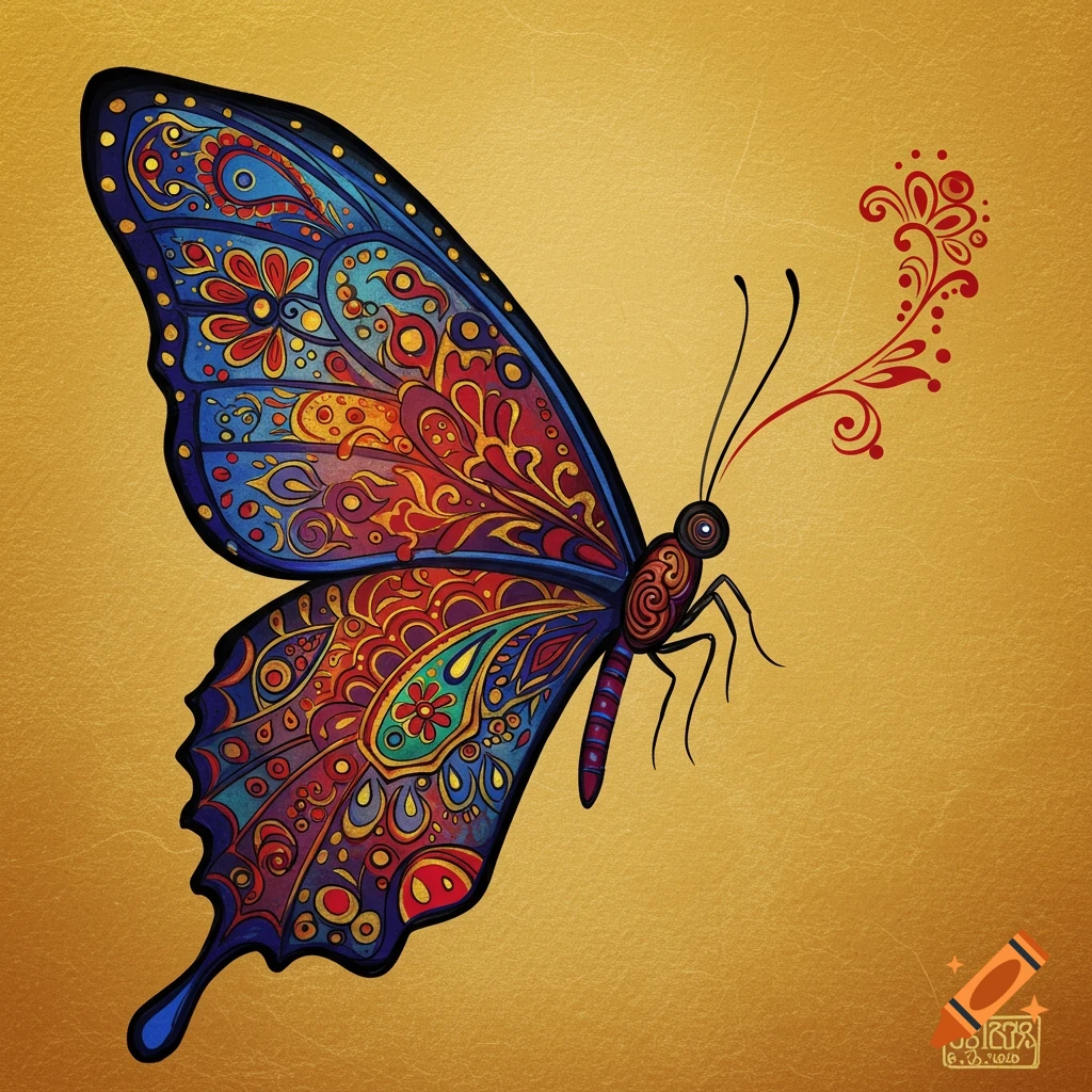 Detailed colorful butterfly illustration with intricate patterns on a gold background, in a decorative style.