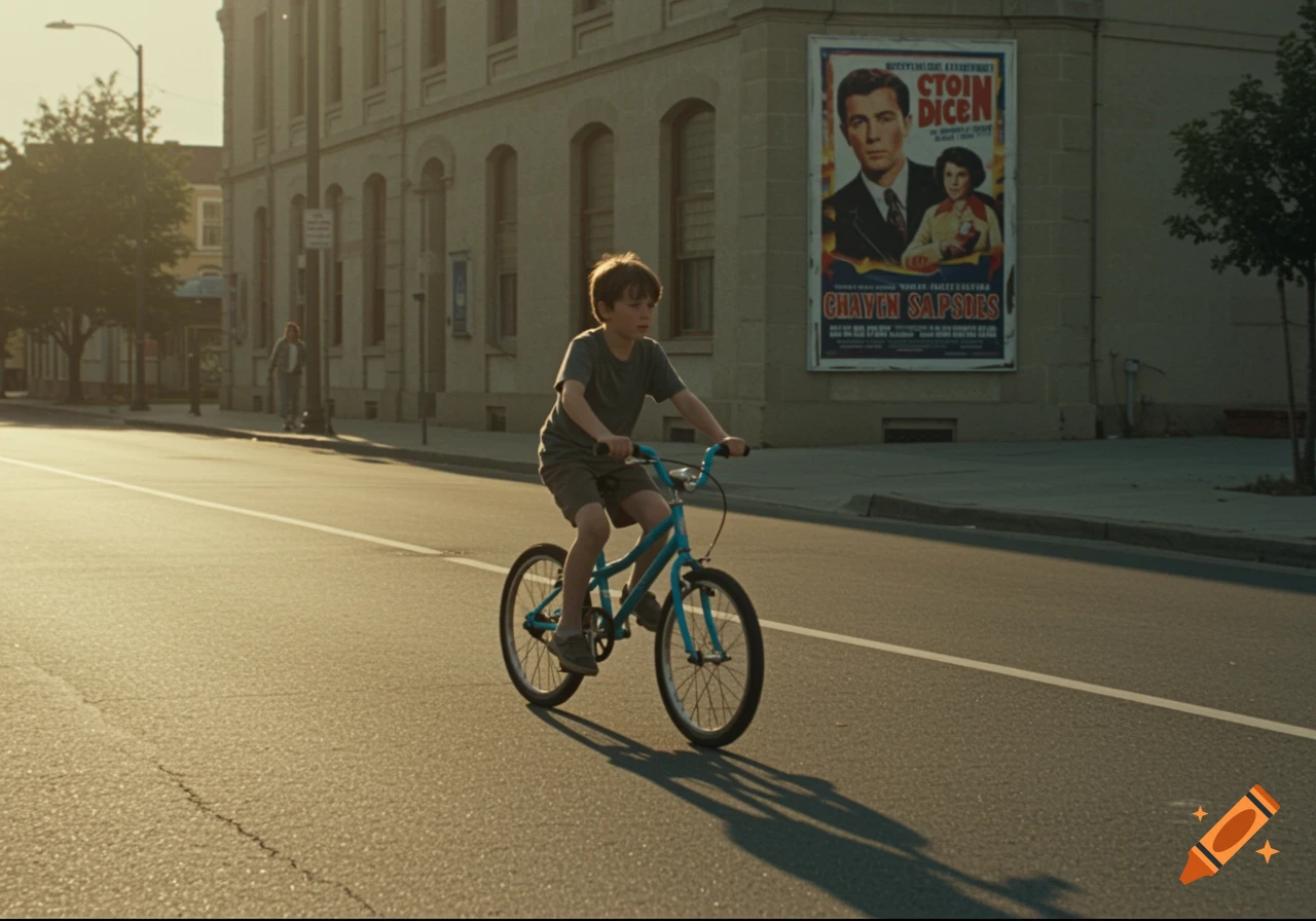 A young boy rides a blue bicycle down a sunlit street, a movie poster visible on a building.