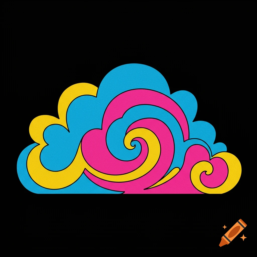 Psychedelic swirling cloud design in pink, blue, and yellow on a black background.