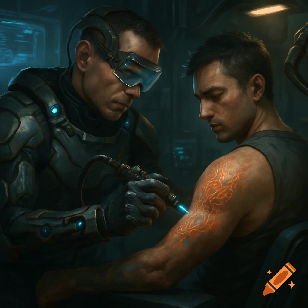 Sci-fi doctor uses a glowing tool to create a futuristic tattoo on a man's arm.