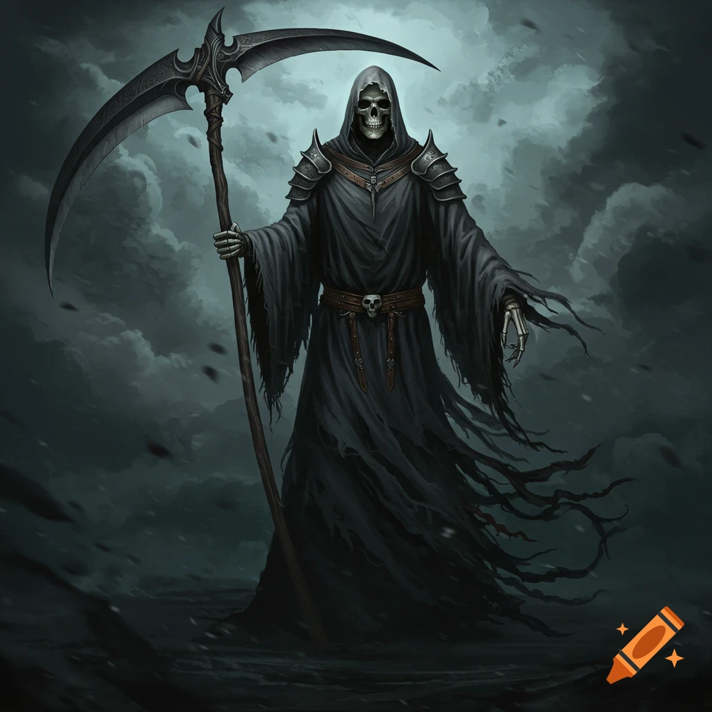 A figure resembling the Grim Reaper holds a large scythe in a dark, stormy environment.