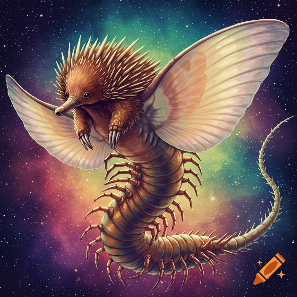A hybrid creature with an echidna head, insect wings, and a millipede body floats in space.