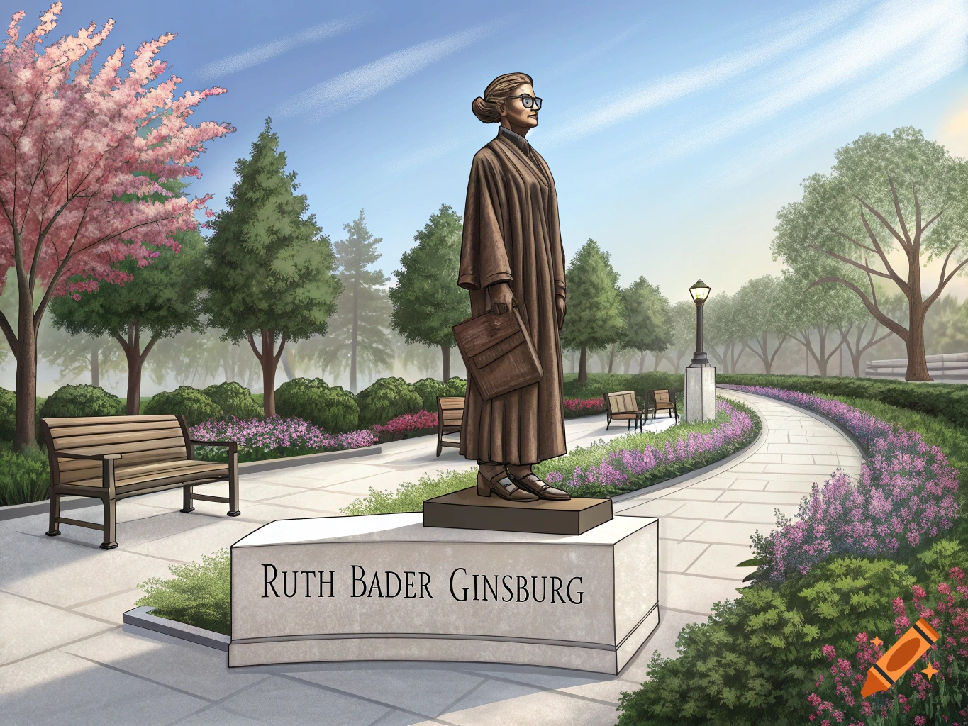 Illustration of a statue of Ruth Bader Ginsburg on a pedestal in a park with flowers and trees. The pedestal is inscribed 'RUTH BADER GINSBURG'.