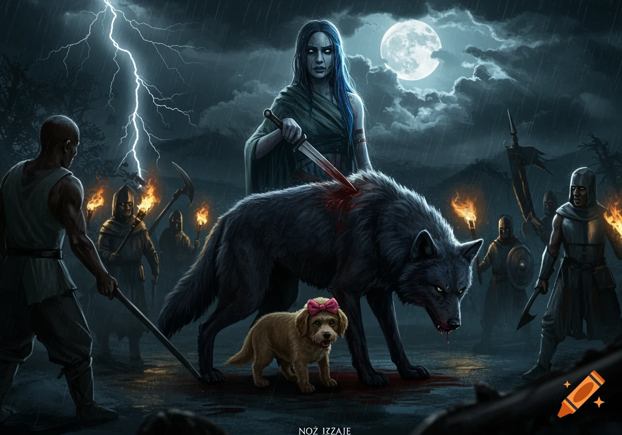 Dark fantasy painting: A woman stabs a wolf as warriors gather in the rain under a stormy moon. A puppy is nearby.