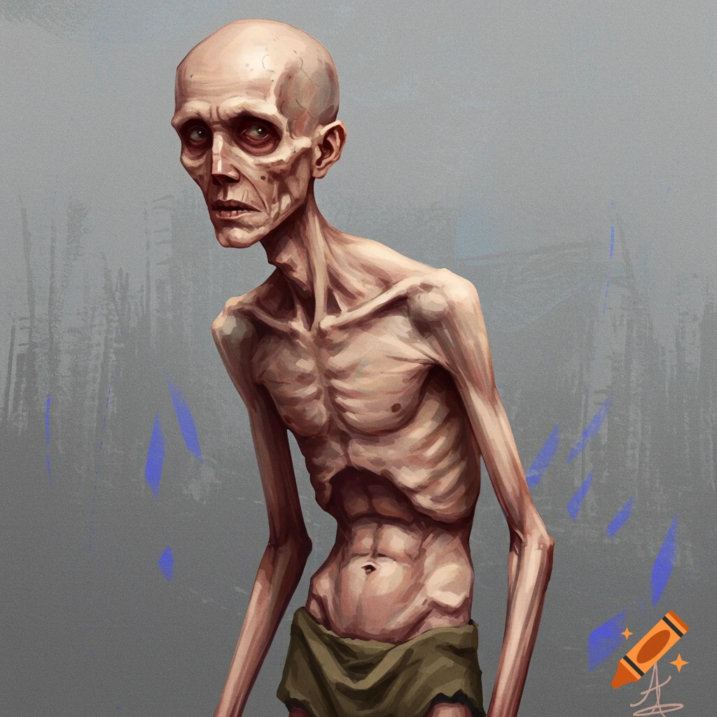 An extremely thin person standing and looking forward.
