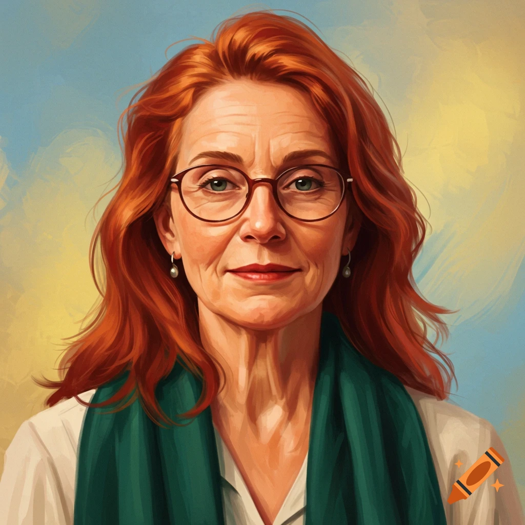 Digital painting of a woman with red hair, glasses, and a green scarf.