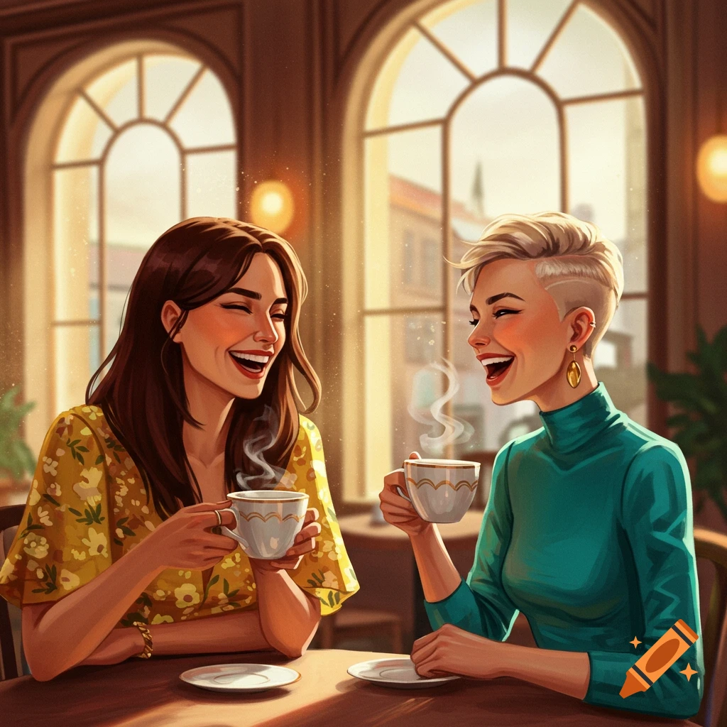 Two women are laughing and having tea in a sunny cafe.