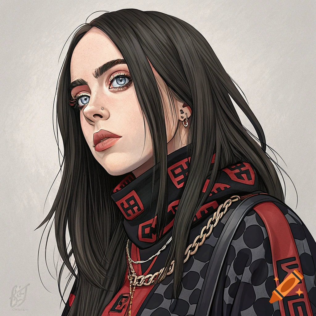 Stylized portrait illustration of Billie Eilish wearing patterned clothing and gold chains.
