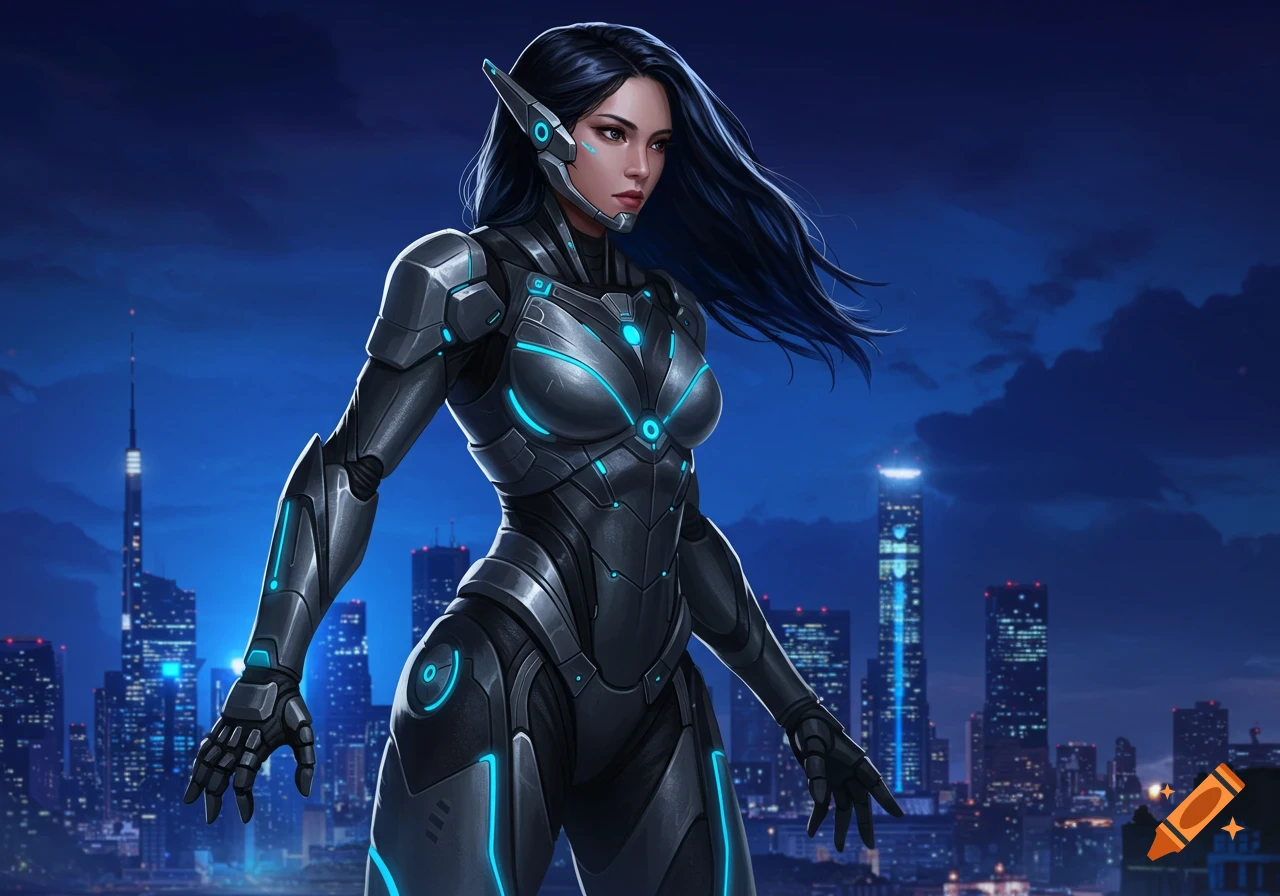 Female superhero in futuristic armor against a night city skyline, digital art