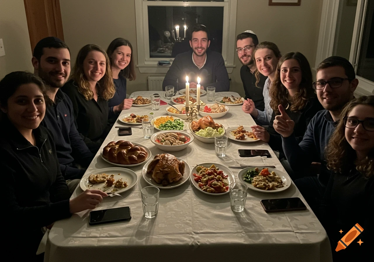 Photorealistic image of a group of people eating dinner at a table with candles.