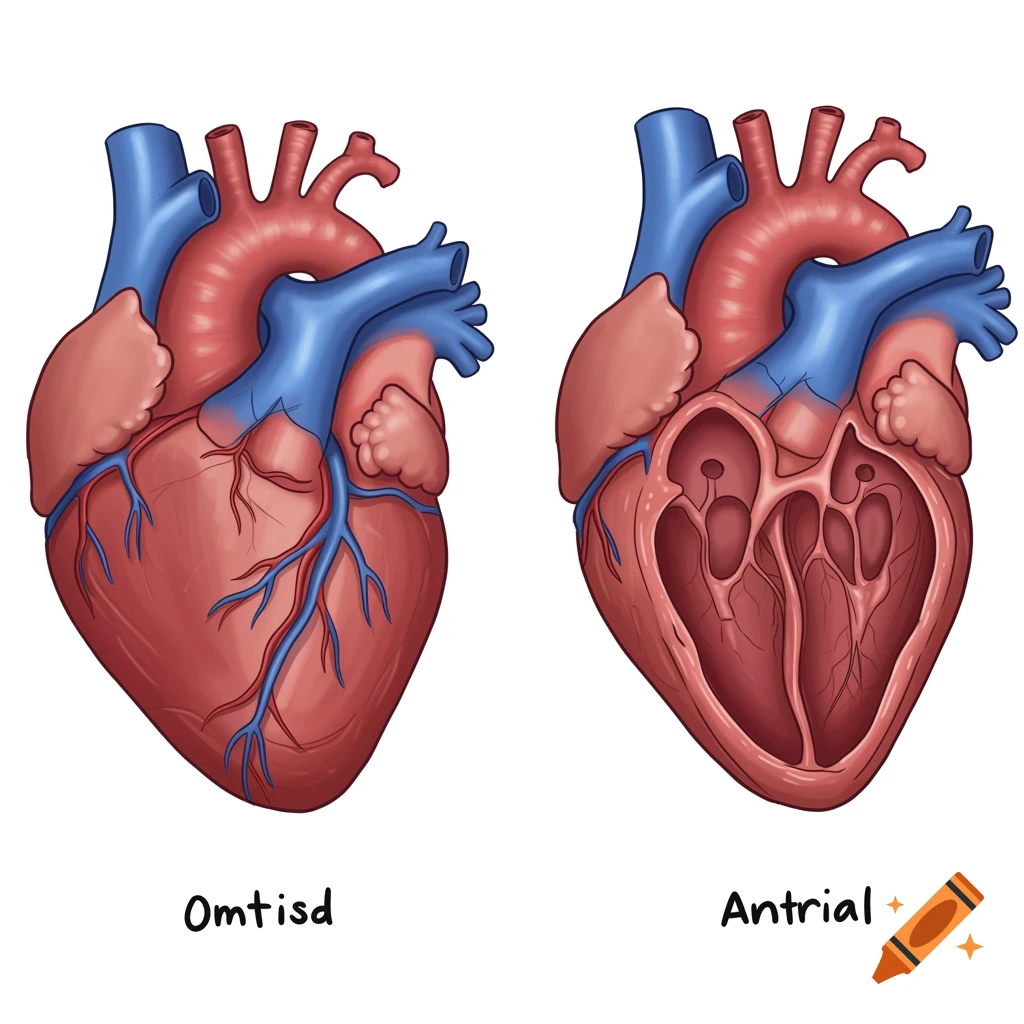 Two cartoon illustrations of a human heart, one external and one cross-section showing the chambers.
