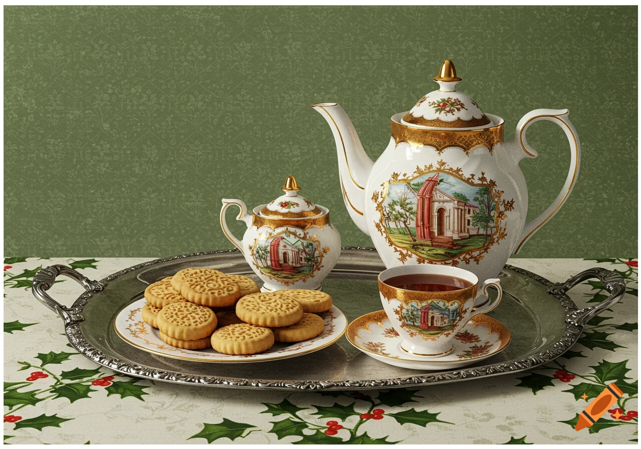 A silver tray holds a white porcelain teapot, teacup, and saucer with gold trim and painted scenes, next to a plate of cookies, on a holly tablecloth.