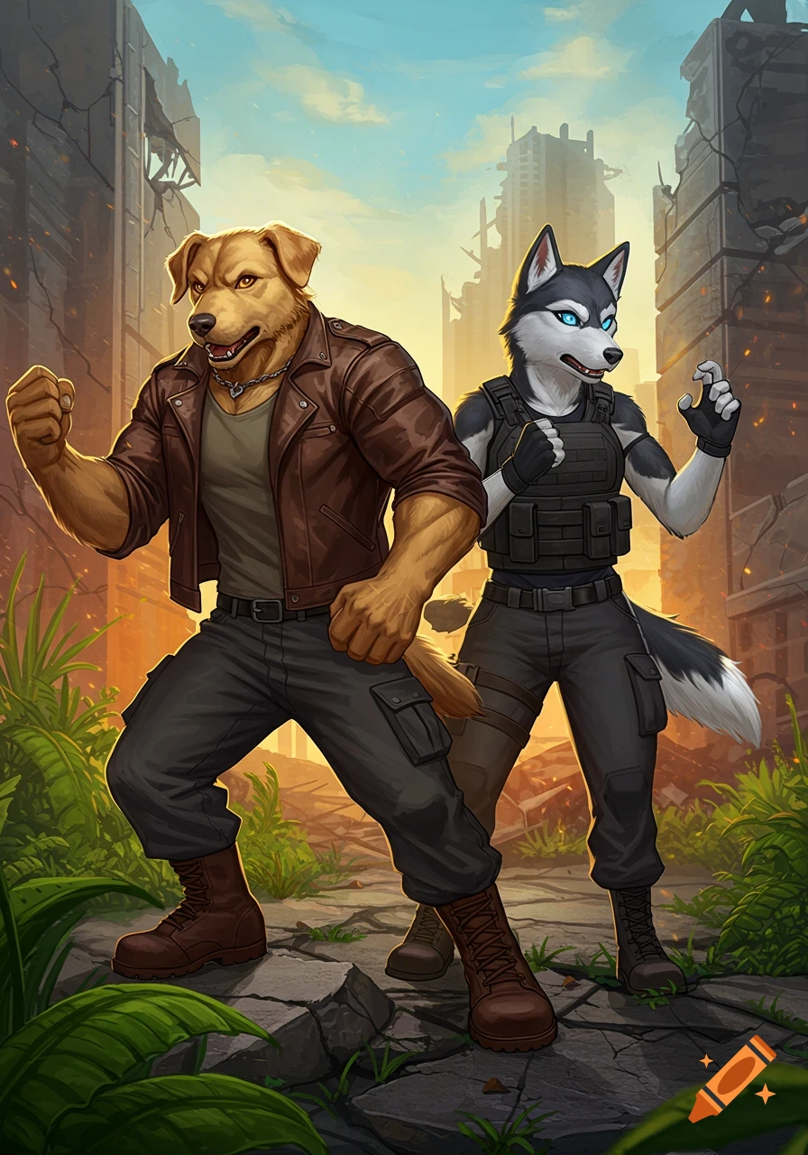 Two anthropomorphic canine figures, a dog and a husky, stand ready in a ruined city.
