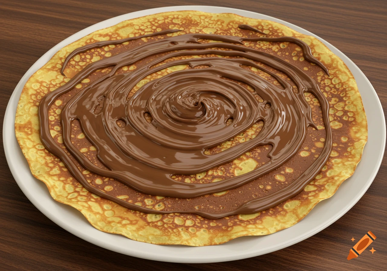 A close-up shot of a flat crepe with chocolate spread on a white plate on a wooden table.