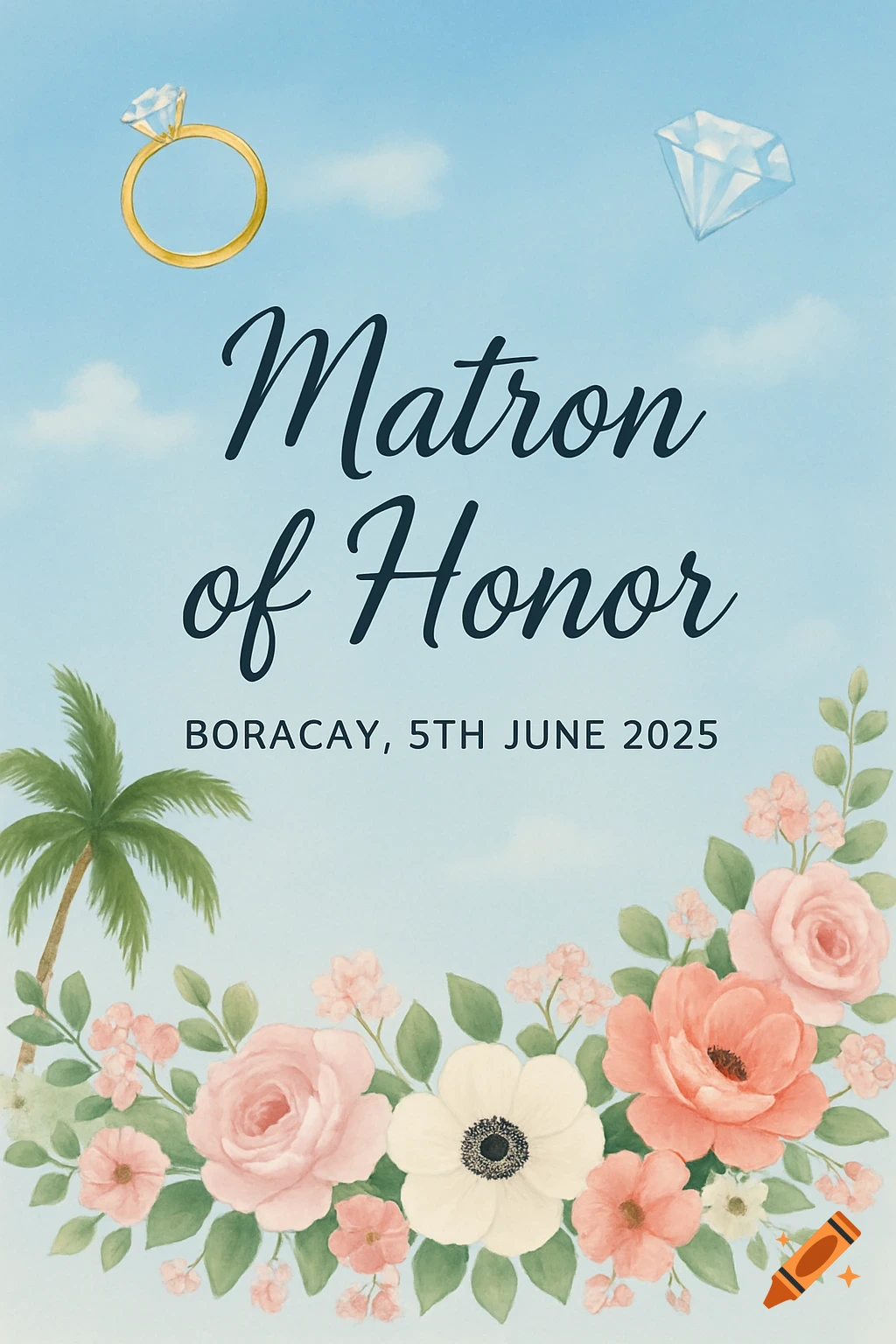 Watercolor invitation background with flowers, palm tree, rings, and text "Matron of Honor BORACAY, 5TH JUNE 2025".