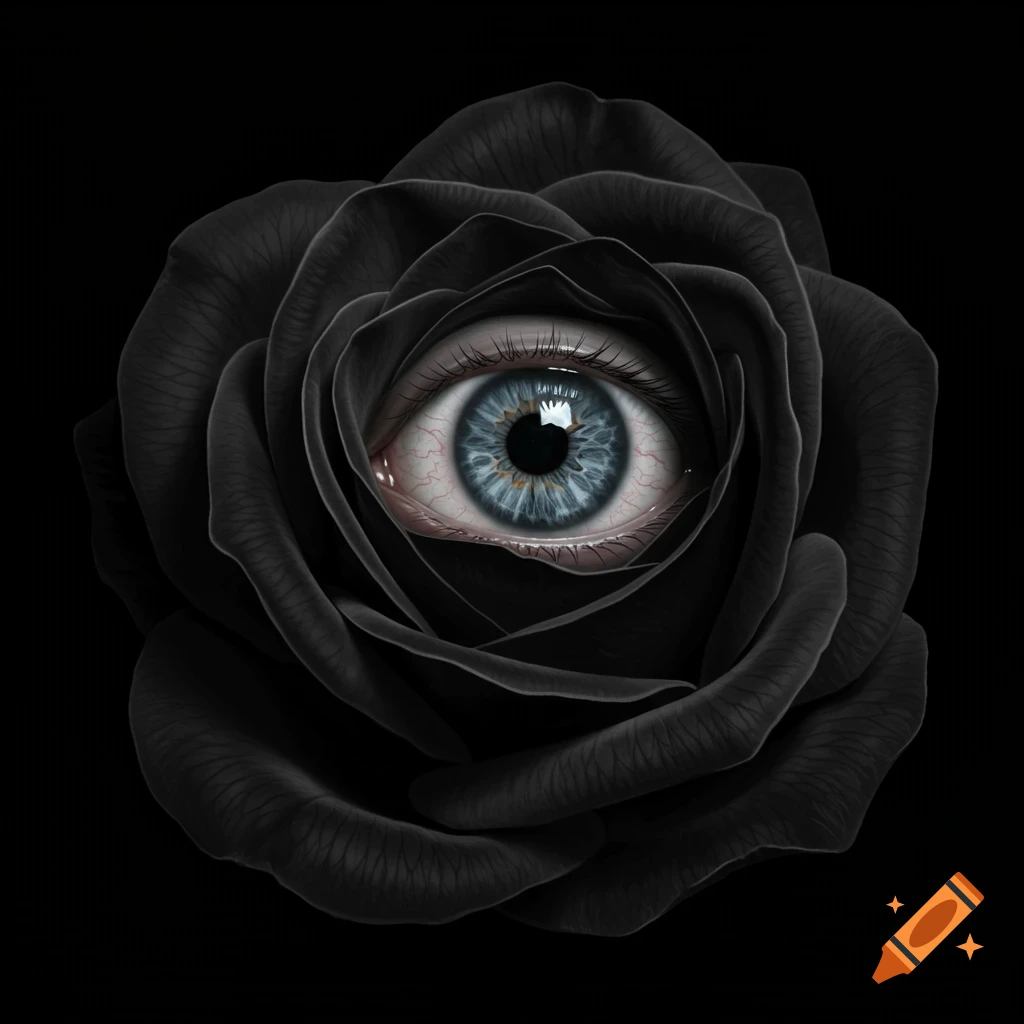 A realistic blue human eye rests within the dark petals of a black rose on a black background.