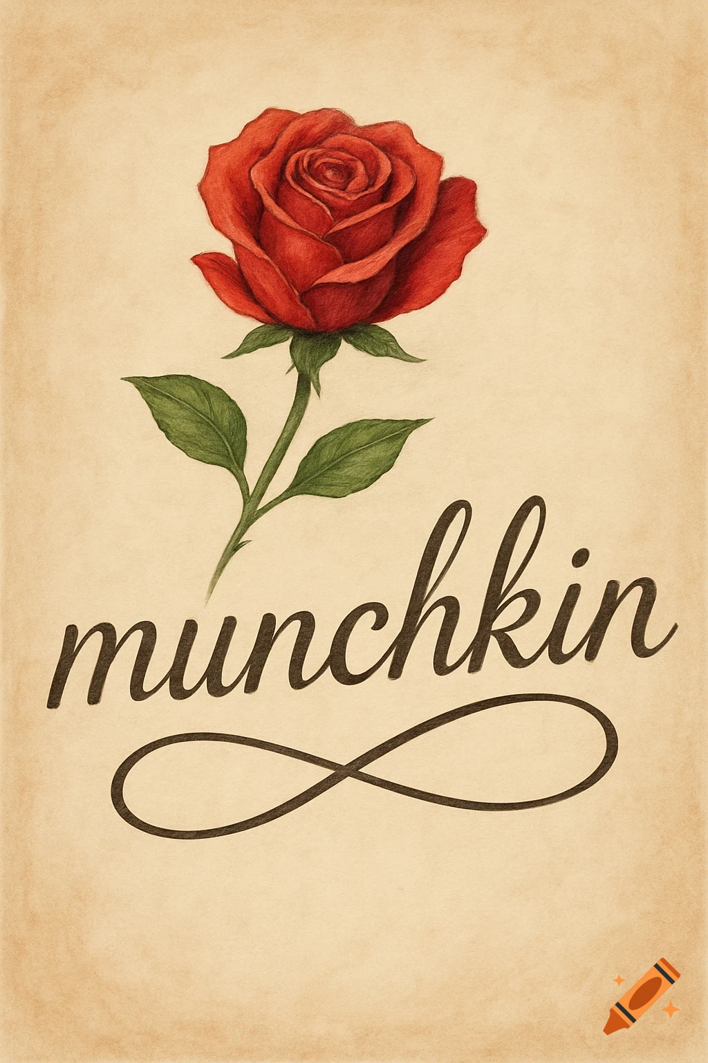 A red rose with the word 'munchkin' as its stem.