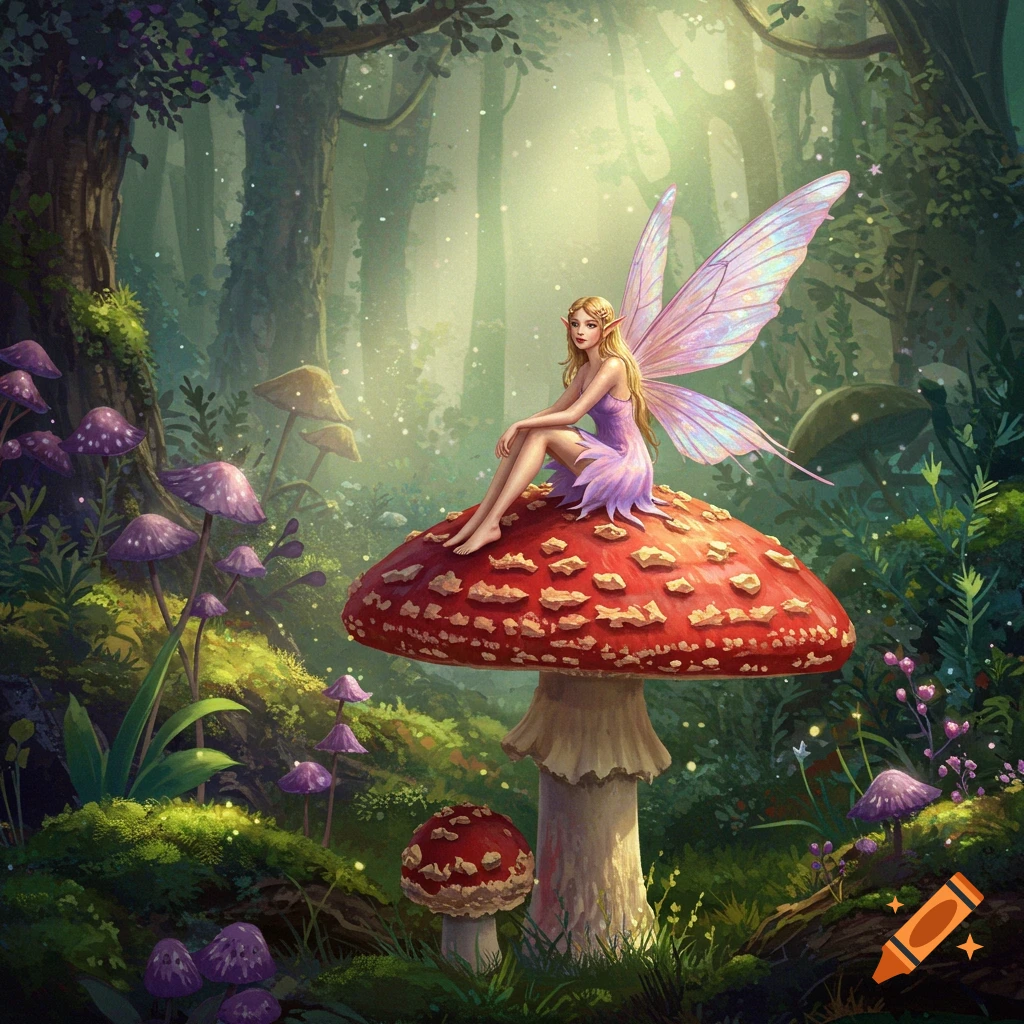 A fairy sits on a large red mushroom in a sunlit fantasy forest